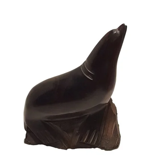 Vintage Iron Wood Hand Carved Folk Art Sculpture Sea Lion Seal MCM Modernist - Picture 2 of 8
